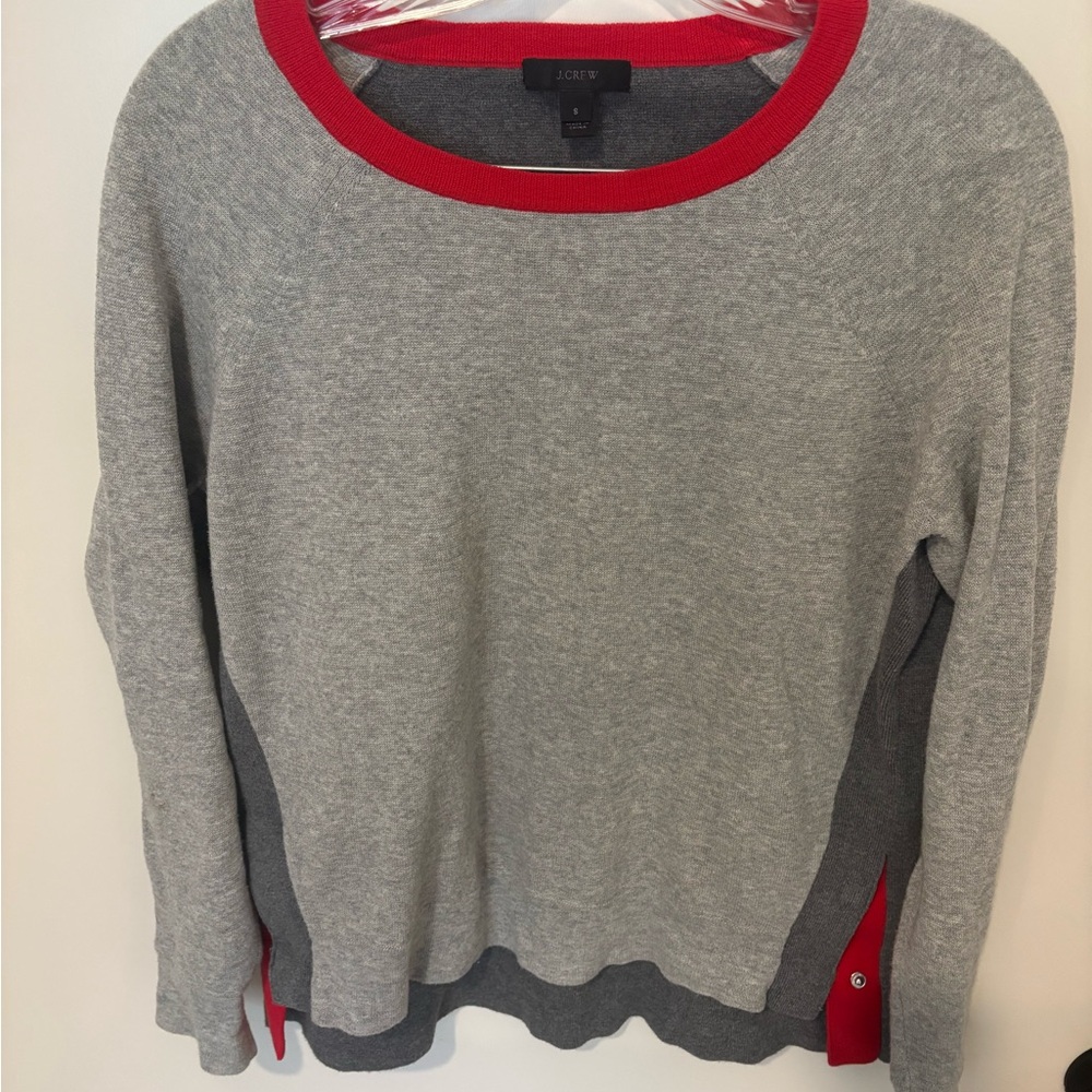 J. Crew Gray Red Colorblock Crewneck Ringer 100% Cotton Sweater Side Snaps S